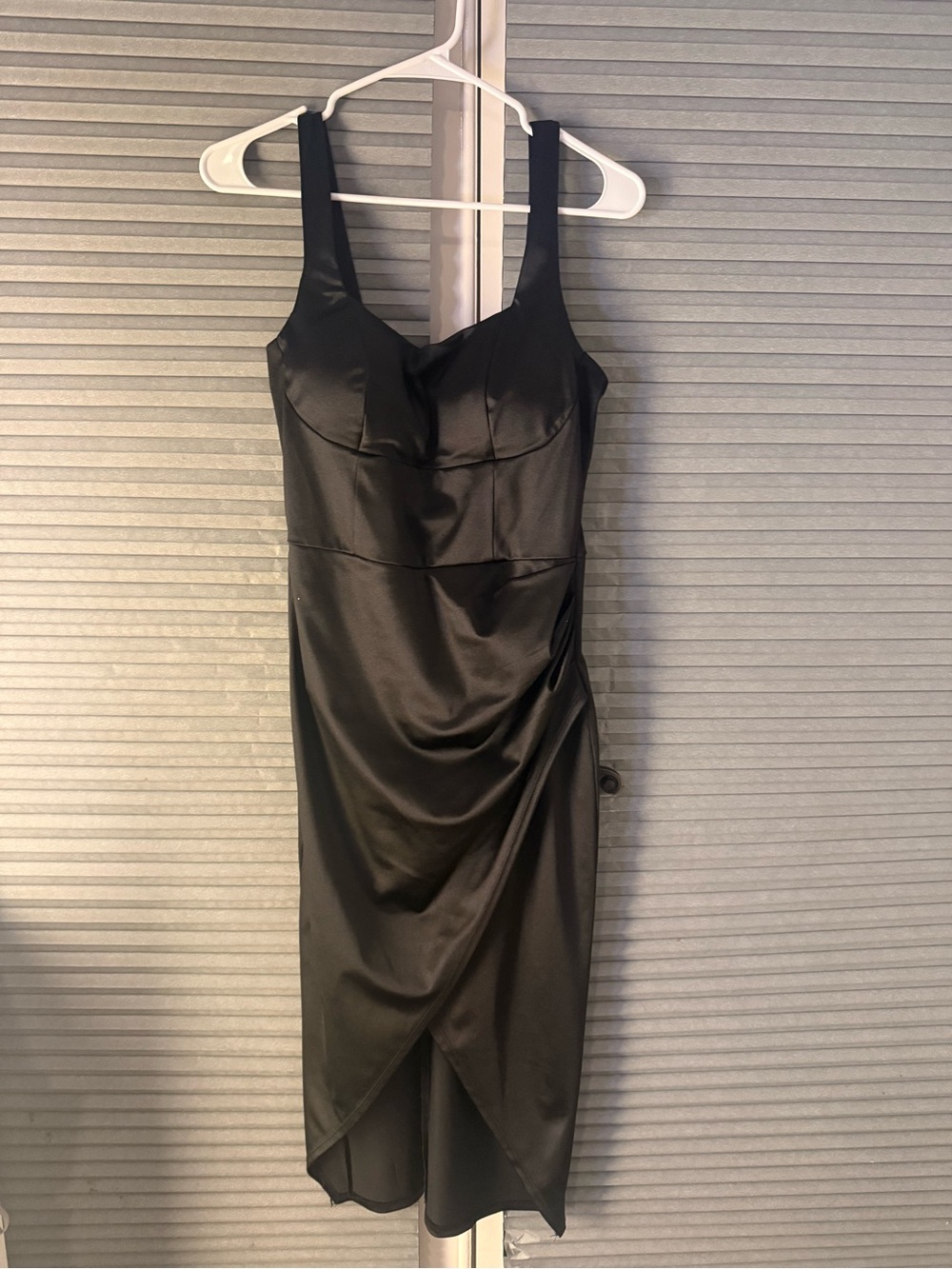 Honey and Rosie Black Satin Midi Dress with Tulip Hem and Wide Straps